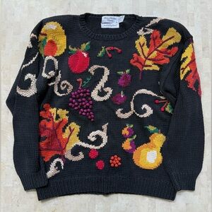 VINTAGE 80s Marisa Christina black fruit grapes cherries hand knit sweater Sz L